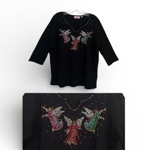 Quacker Factory Holiday Angel Trio  3/4 Sleeve Black Top w/Rhinestone Accents LG